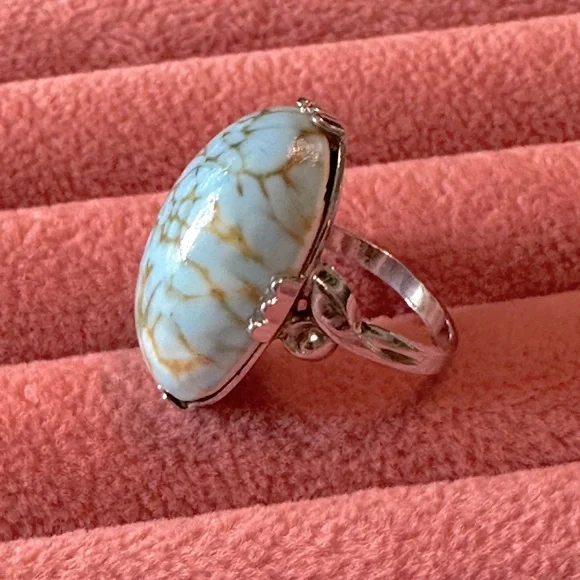 Vintage Faux Turquoise Mid Century Modern Statement Ring SZ 5 3/4 Elongated Oval - Picture 11 of 17